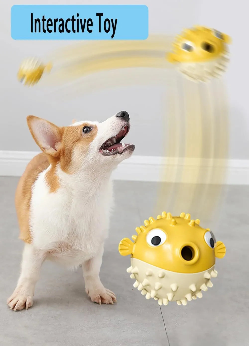 Green fish-shaped interactive dog toy with treat dispensing capability and raised surface particles