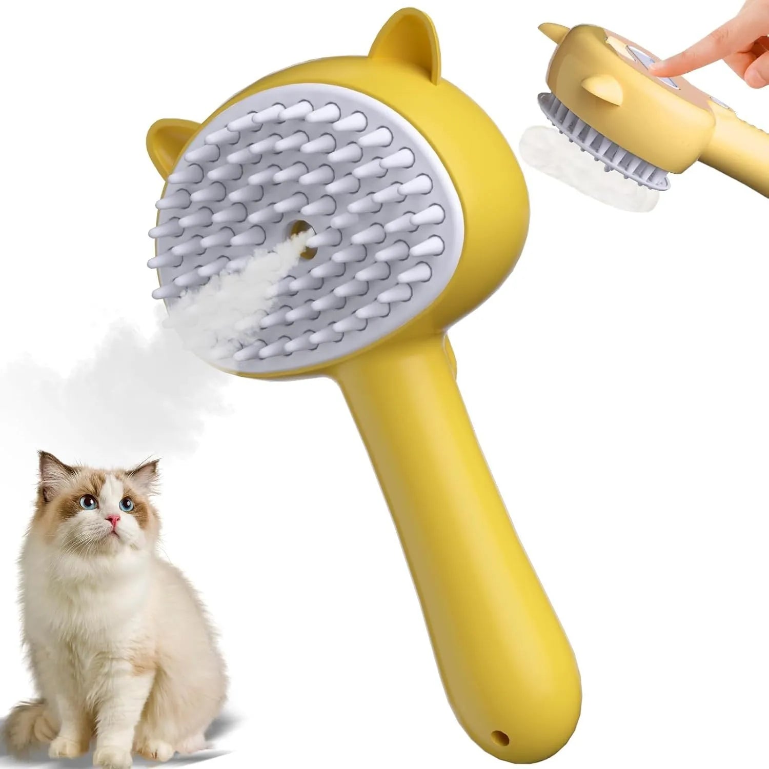 Cat steam brush with ergonomic handle and release button for pet grooming