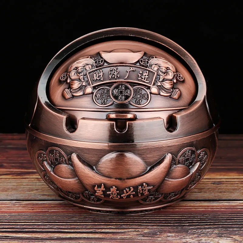 Creative alloy ashtray in bronze with smoke extinguishing slot, featuring a detailed Money Tree design.