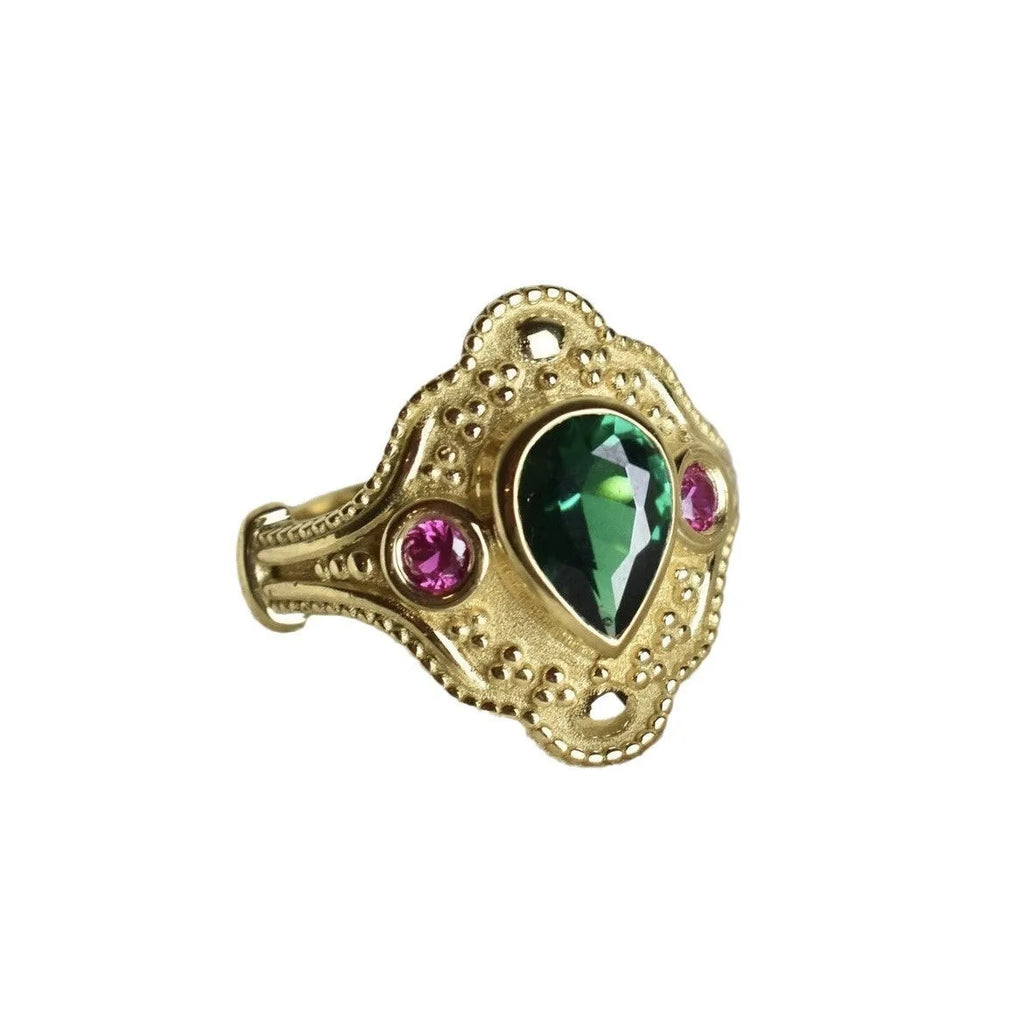 Gold-plated geometric women's ring with golden lvzuan electroplated finish shown from multiple angles