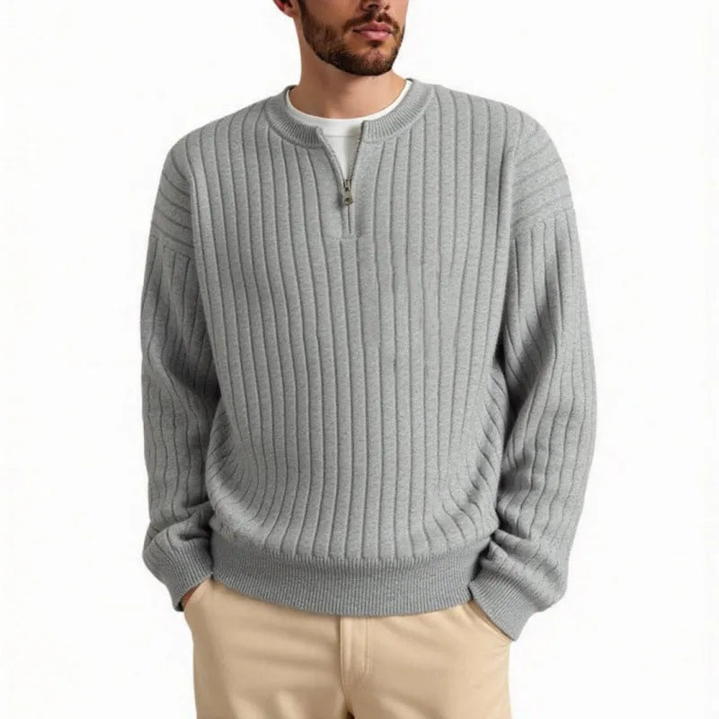 Men's grey loose-fit half zip textured knit sweater on a hanger