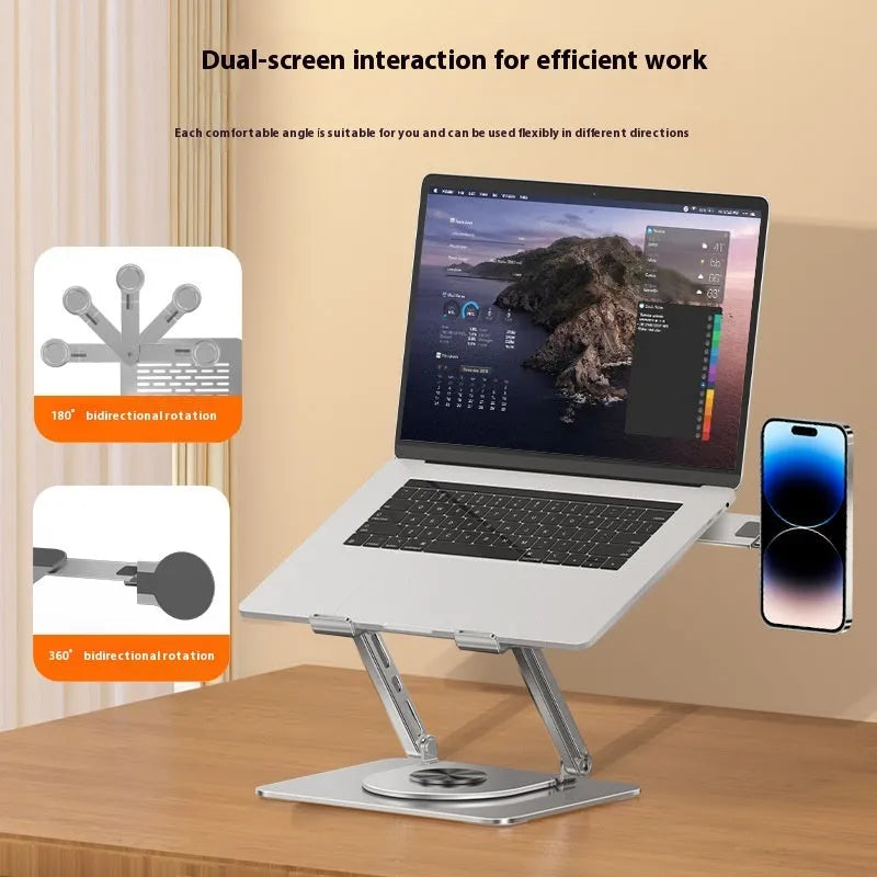 Silver carbon steel laptop stand with a side-mounted, 360-degree rotating magnetic phone holder