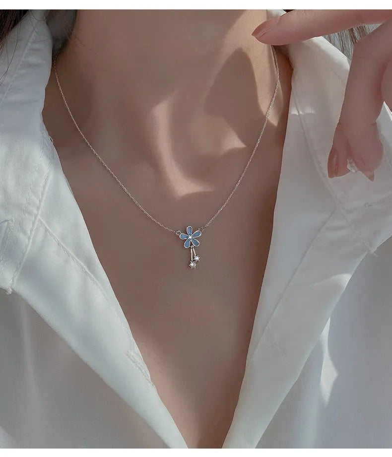 999 sterling silver flower pendant necklace with white nano anti-oxidation finish on adjustable cross chain