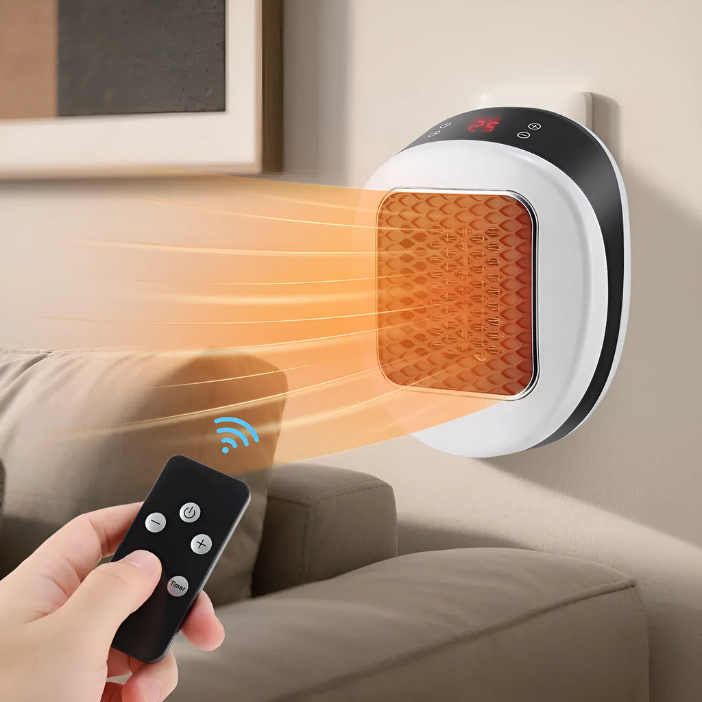 White ceramic heating electric blower heater with remote control on table