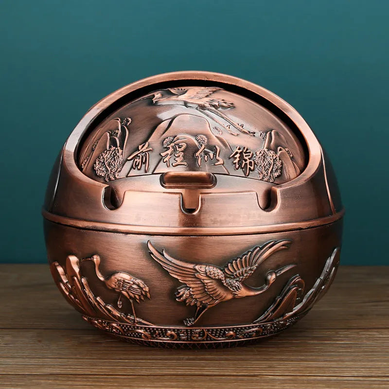 Creative alloy ashtray in bronze with smoke extinguishing slot, featuring a detailed Money Tree design.