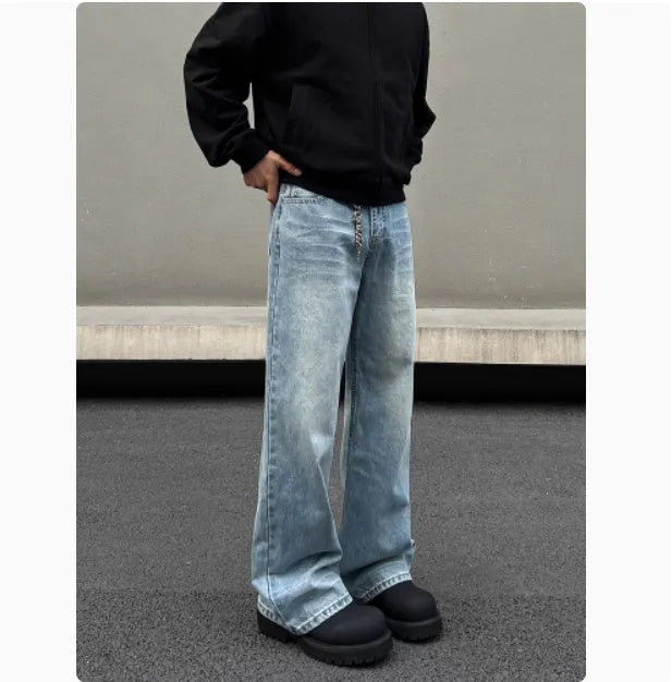Men's blue straight leg jeans with whisker wash detail and wide leg flare