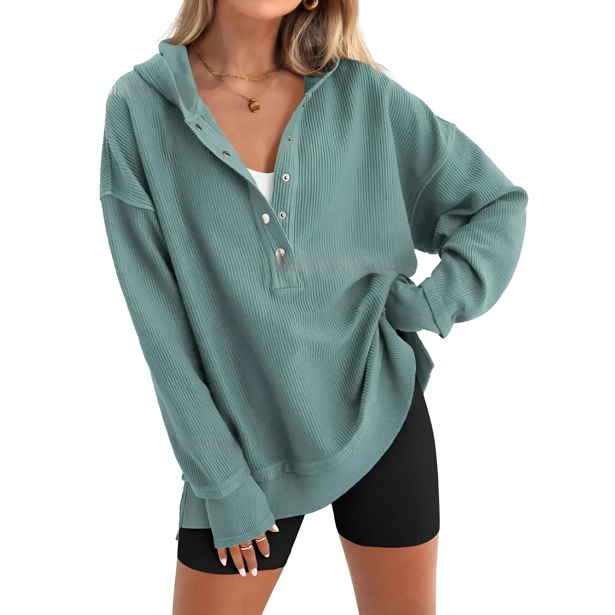 Women's loose raglan sleeve sweater in peacock green colour showing pullover design