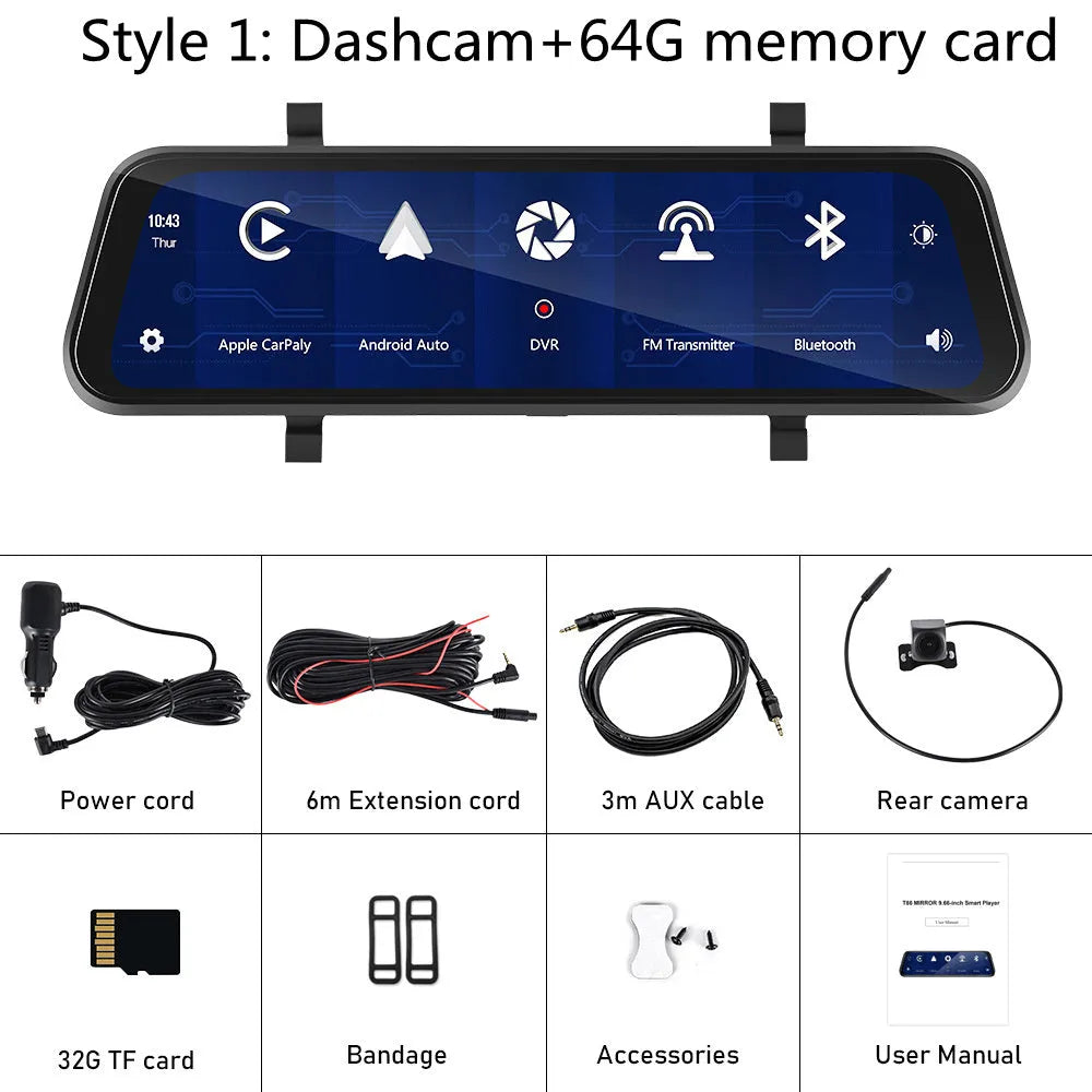 9.66-inch HD wired driving recorder mounted on car dashboard showing front view with night vision