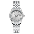 Women's silver calendar watch with circular dial showing date function and stainless steel buckle