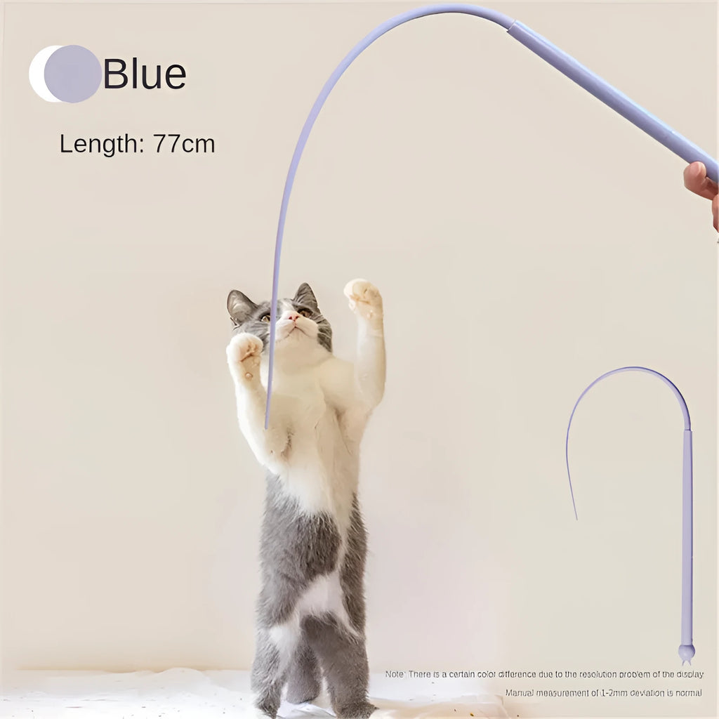 Blue cat teaser wand with a long silicone mouse tail and a cat head design on the ABS handle.