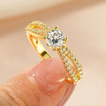Women's electroplated zircon ring in copper with geometry shape and round design elements