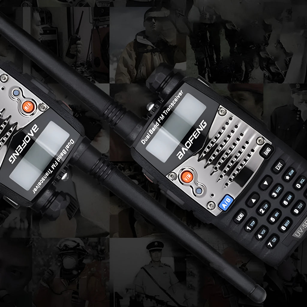 Baofeng UV-5RA dual-band handheld radio with dual display, high-power specification, and multiple headset configuration options