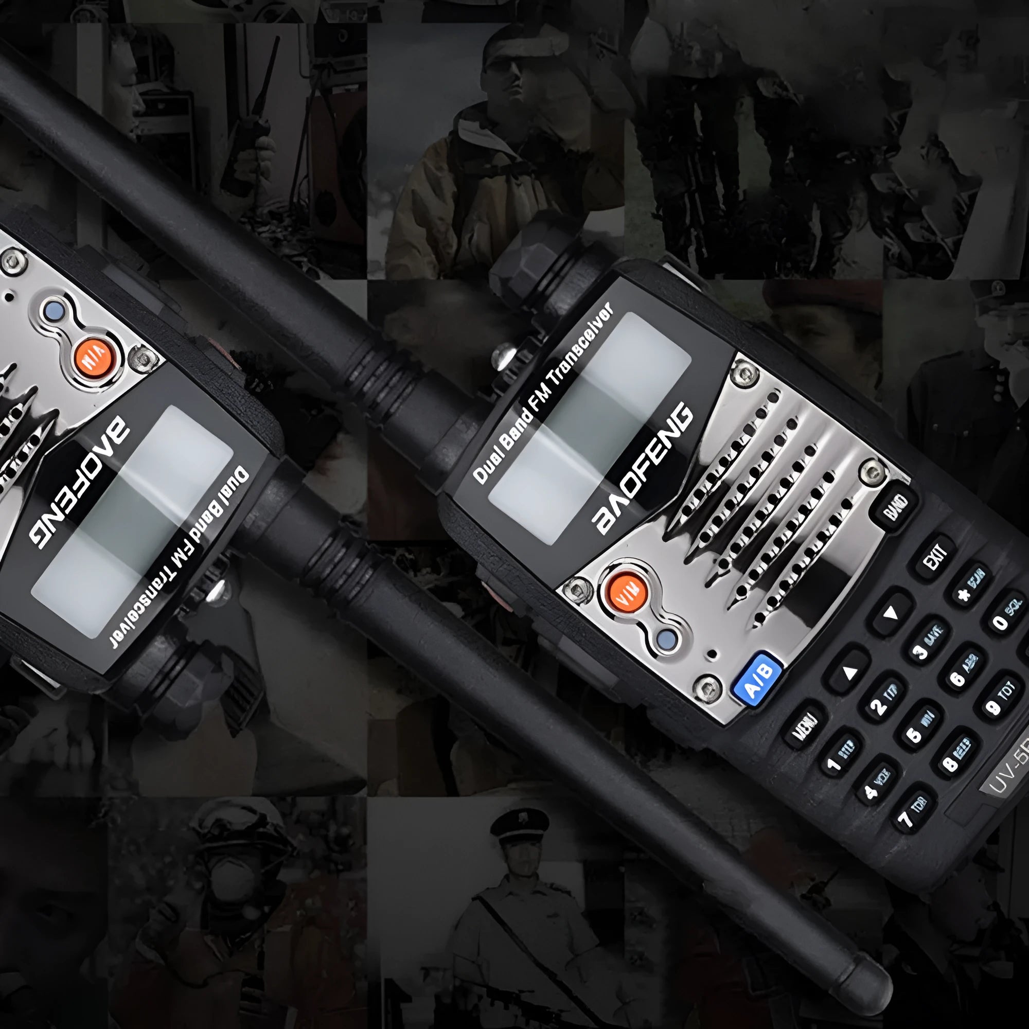 Baofeng UV-5RA dual-band handheld radio with dual display, high-power specification, and multiple headset configuration options