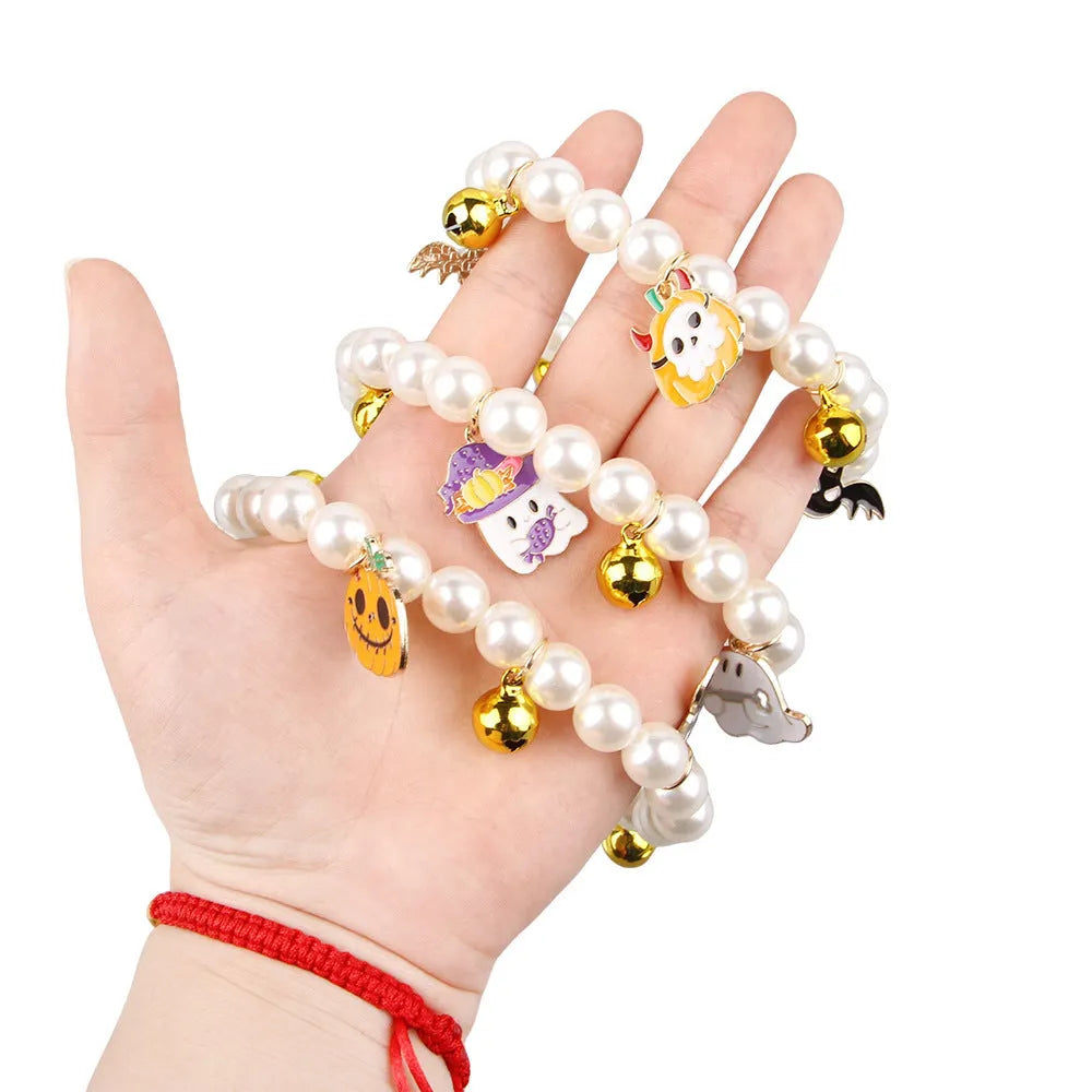 Halloween cat collar decoration with simulated pearls and pumpkin designs