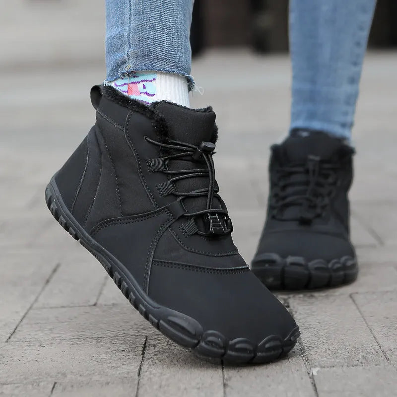 Waterproof fleece-lined snow boots with a round toe and front lace-up on a rubber sole.