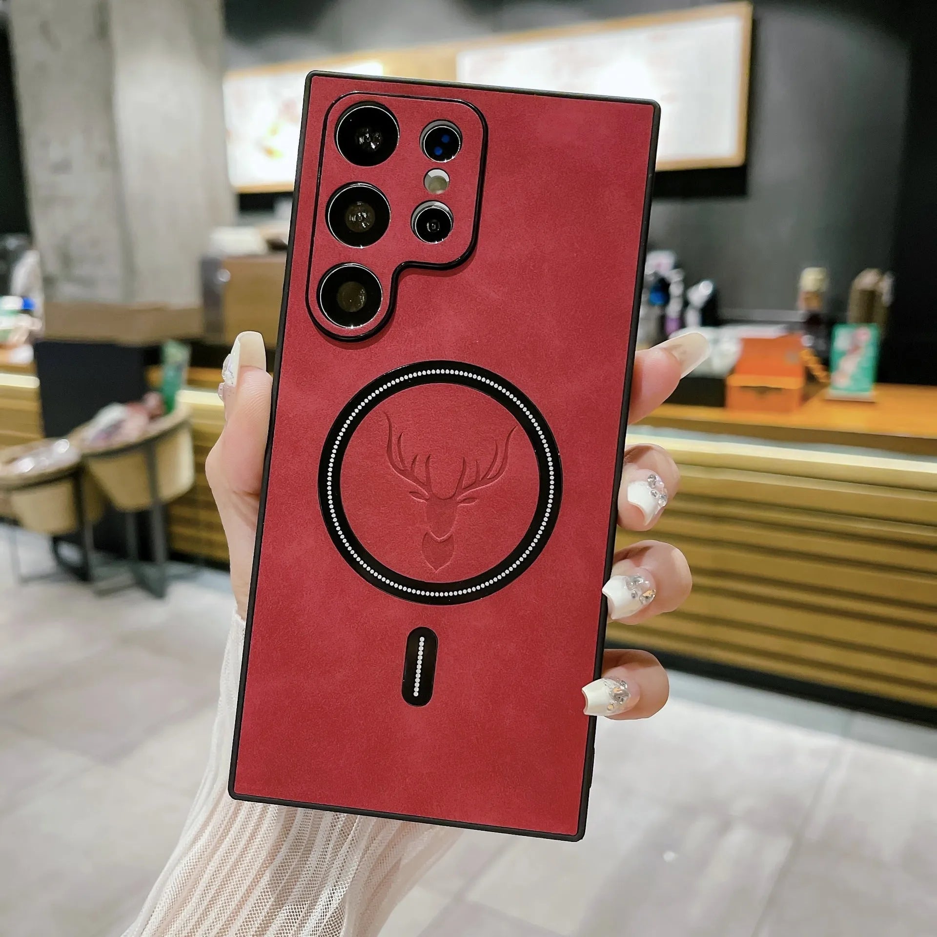 S23 magnetic wireless charger phone case with embossed deer head leather pattern, PC TPU back cover for Samsung