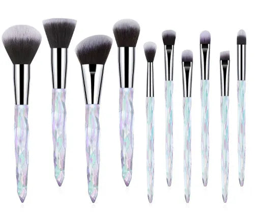10 clear crystal diamond shank foundation brushes with artificial fibre bristles in four colour options