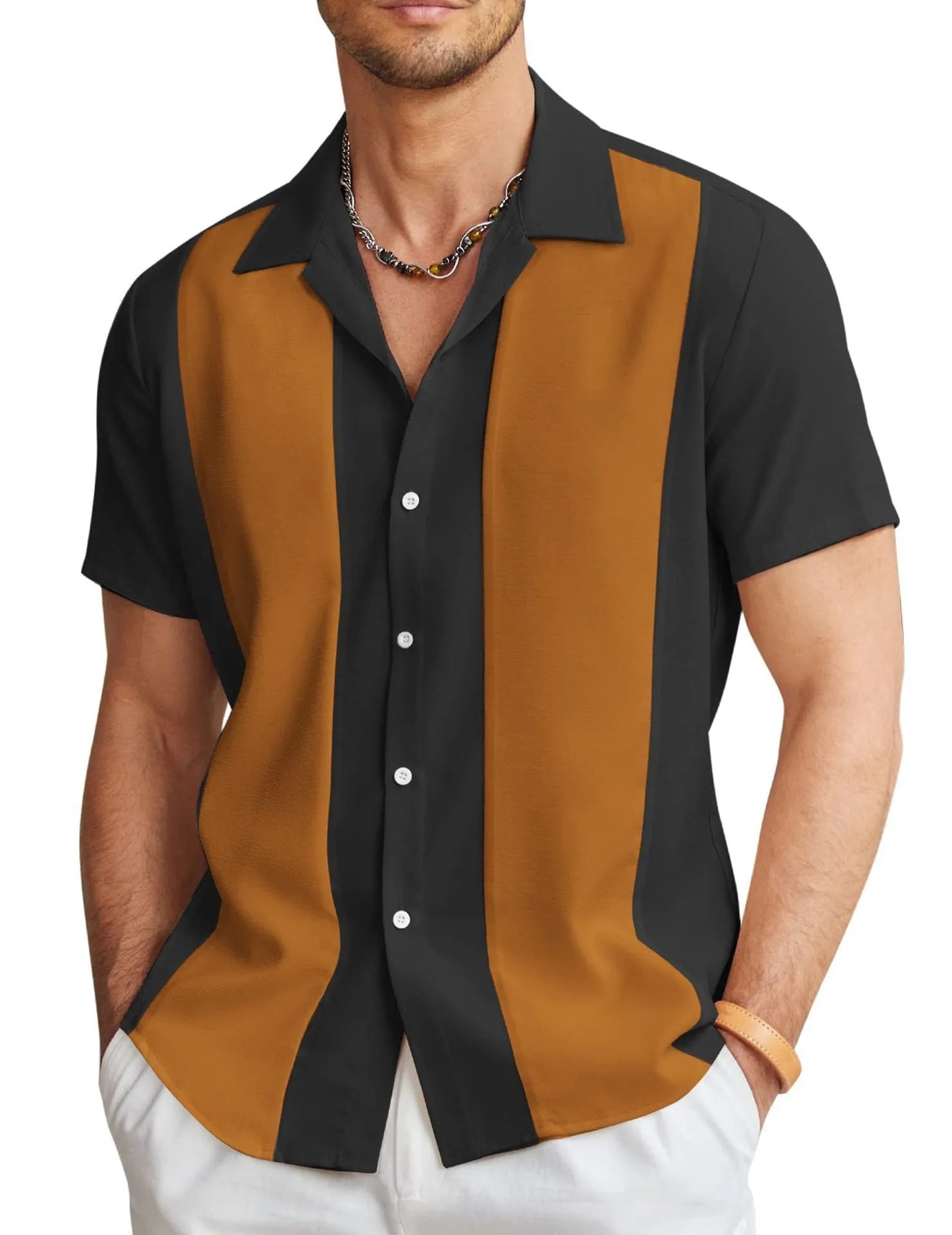 Men's slim fit short sleeve Hawaiian shirt cardigan in elastic polyester fabric