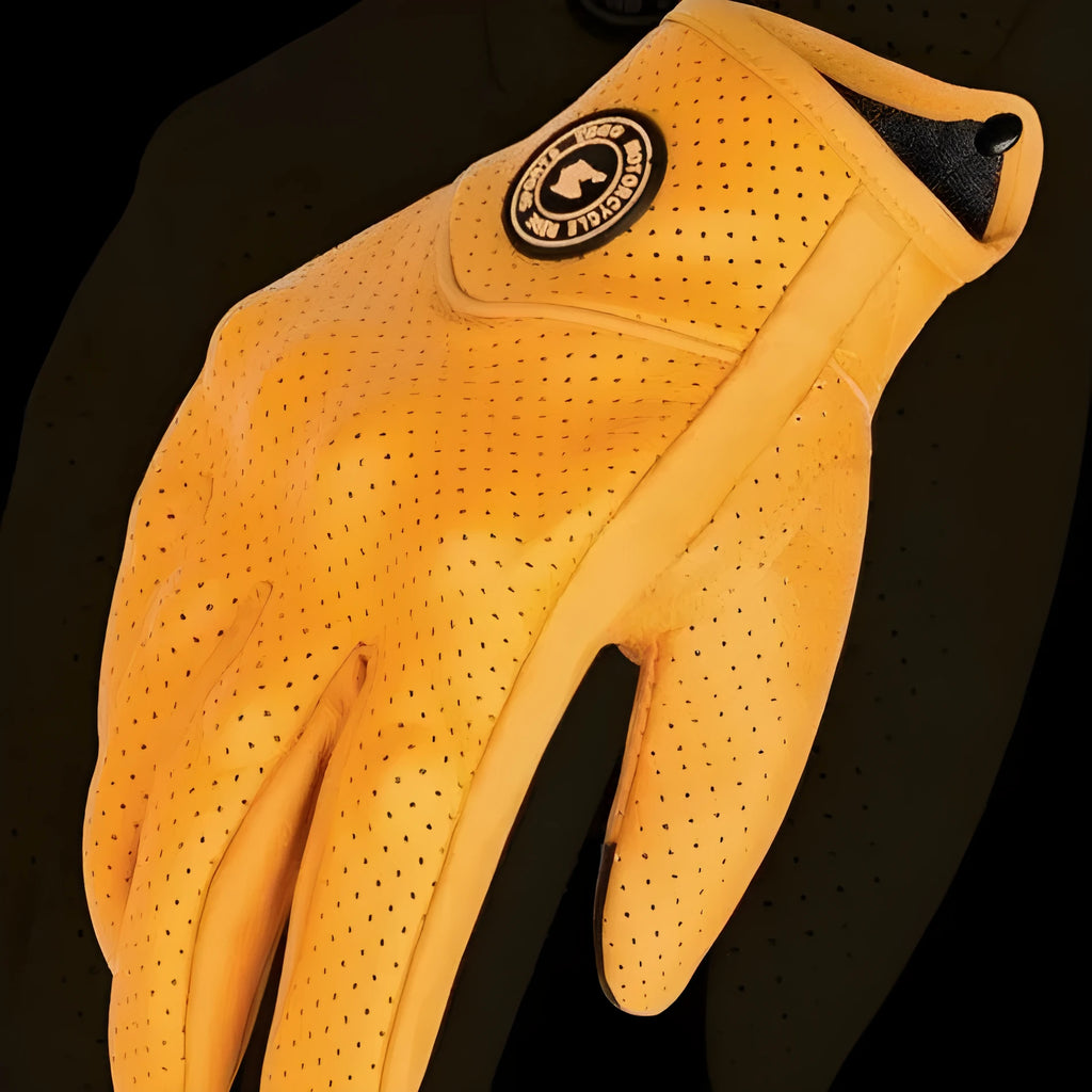 TDGO genuine leather retro biker gloves in yellow with half-finger and full-finger windproof styles