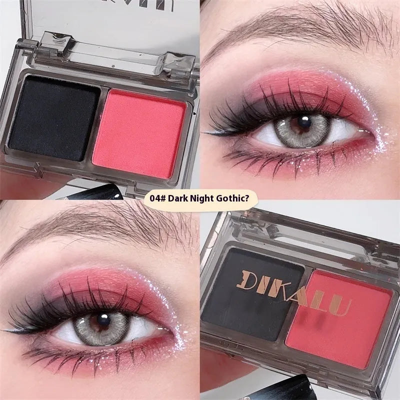 Cool two-tone eye shadow plate showing five colour classifications with matte and shimmer finishes
