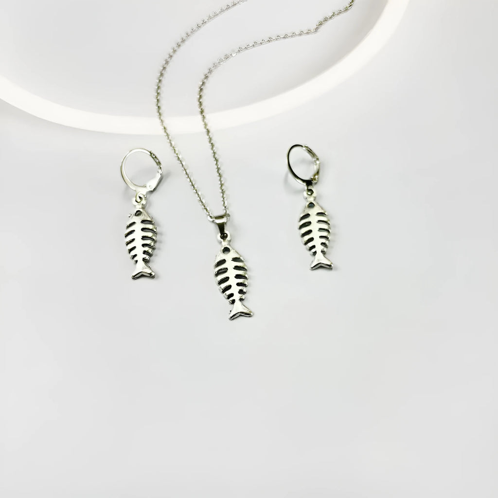Women's fishbone pendant earrings with adjustable O-shaped chain in retro alloy jewellery set