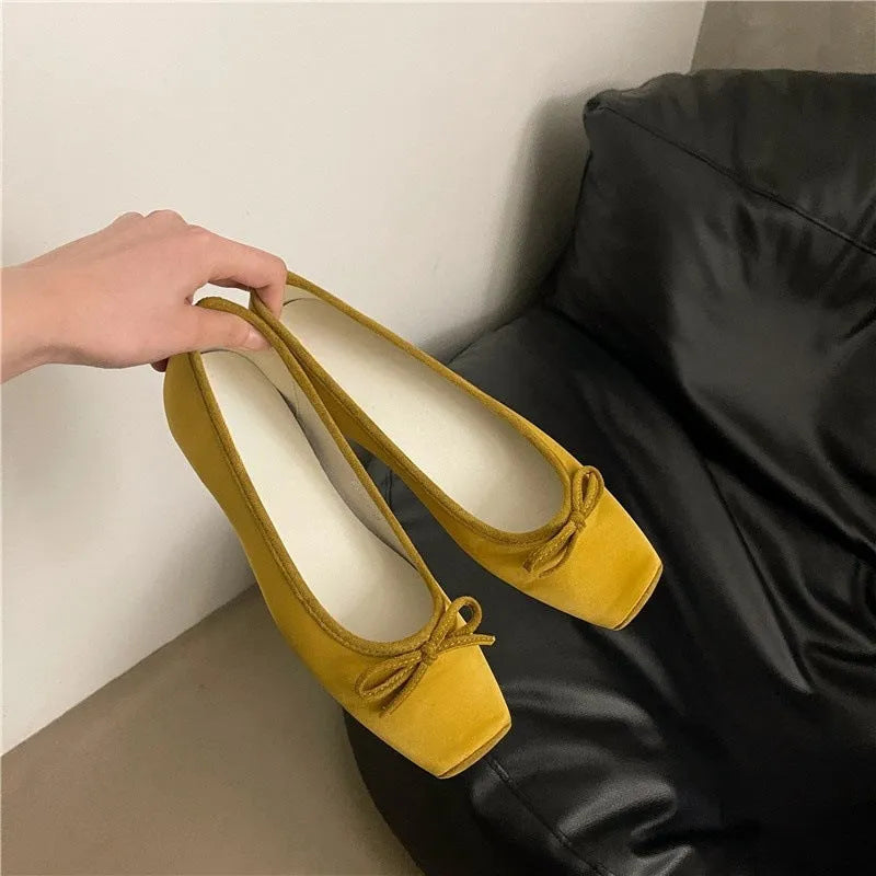 Women's square toe bow satin shoes with hidden heels in solid colour, rubber sole, size 35-40
