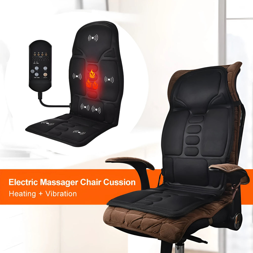 Black electric cervical massager with wireless remote on a table next to international power plugs.