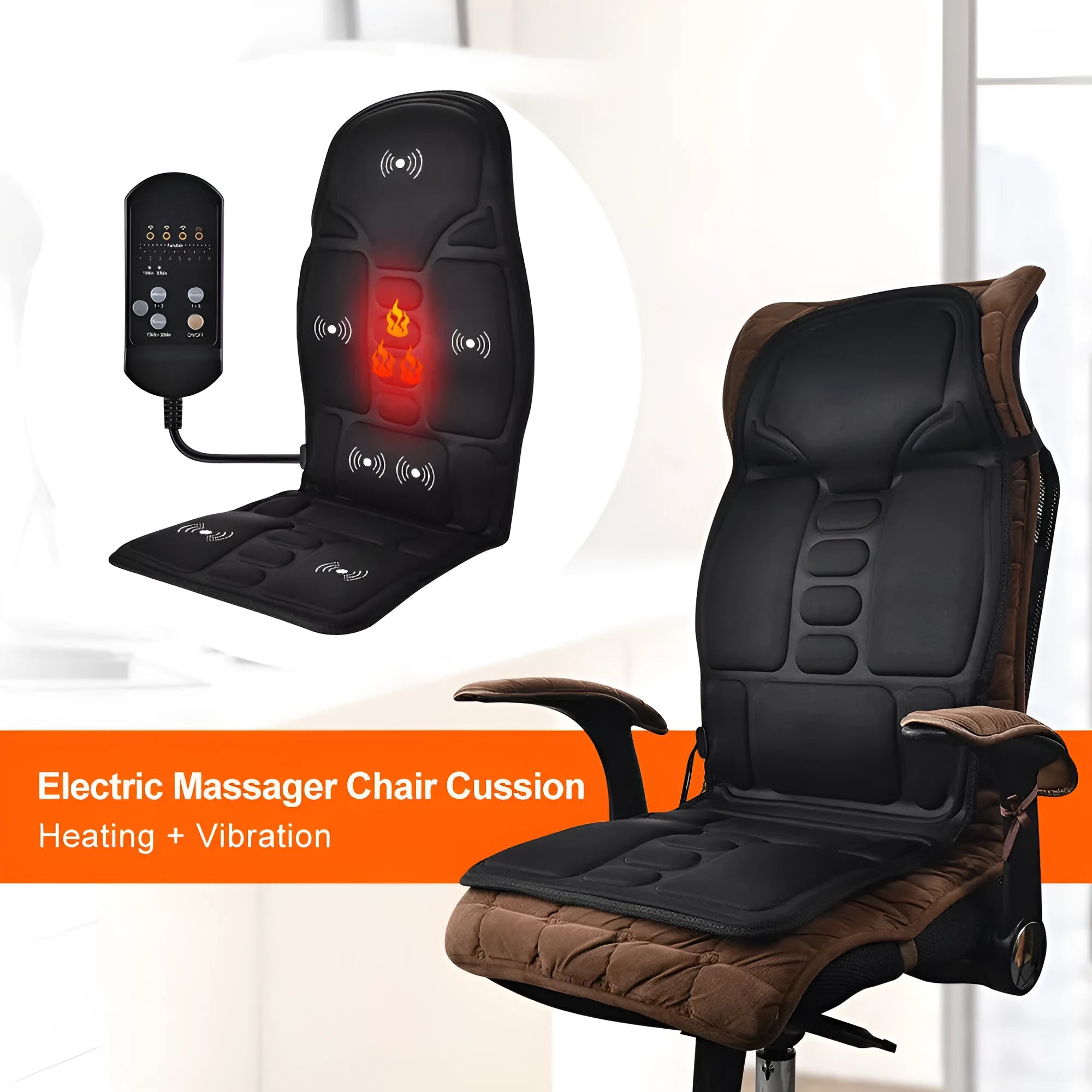Black electric cervical massager with wireless remote on a table next to international power plugs.