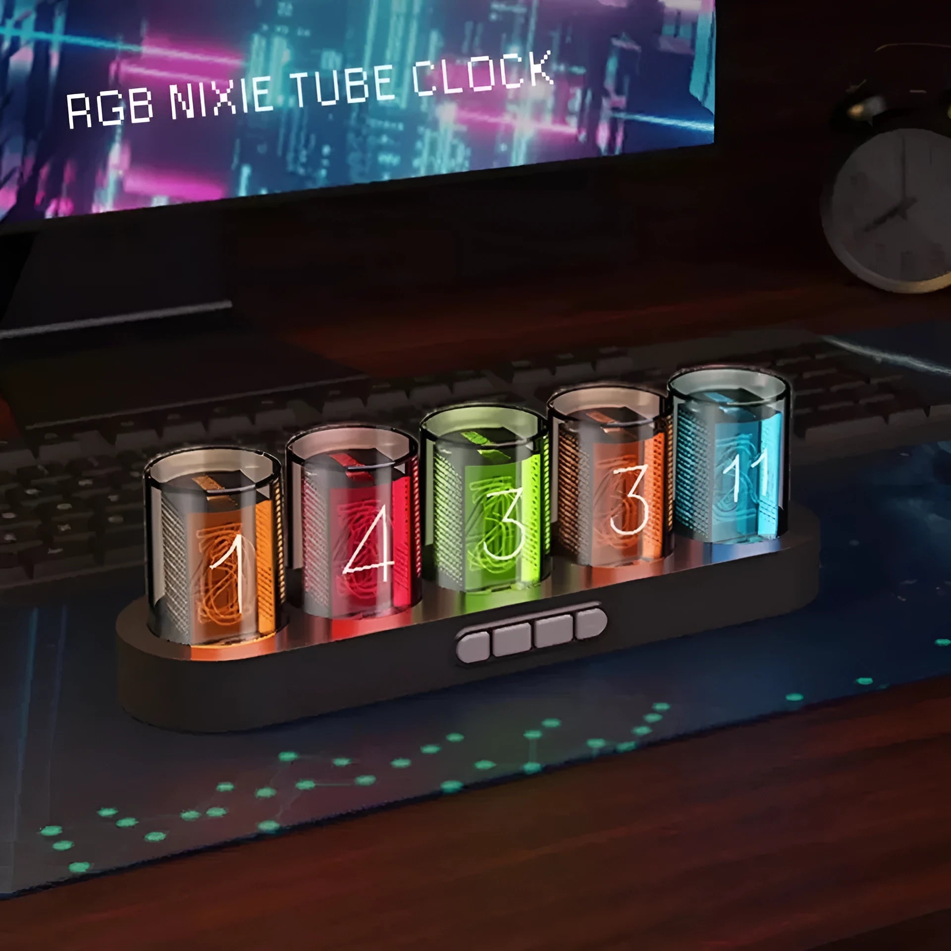 RGB LED digital clock showing colour-changing display on desk with black plastic casing