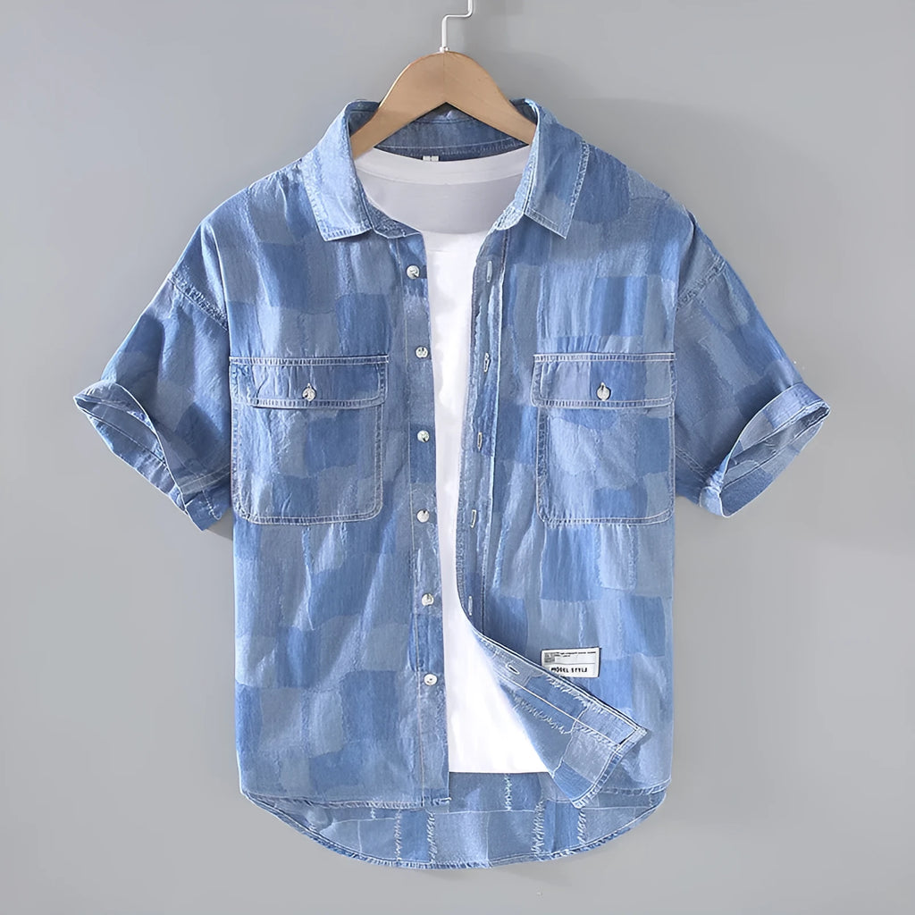 Men's light blue denim print cotton cardigan shirt, short sleeves, loose fit, front view