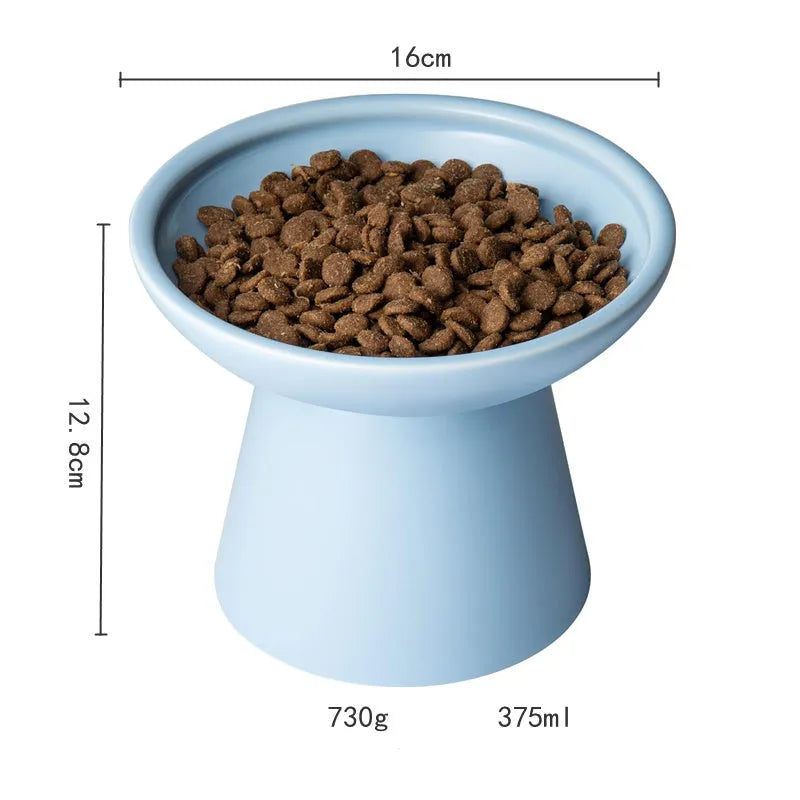 Blue ceramic elevated cat bowl with wide shallow dish and 12cm height for whisker-friendly feeding