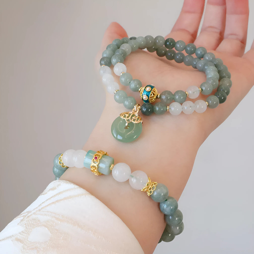 Women's safety buckle bracelet with Burmese jade geometry pendants in new Chinese style