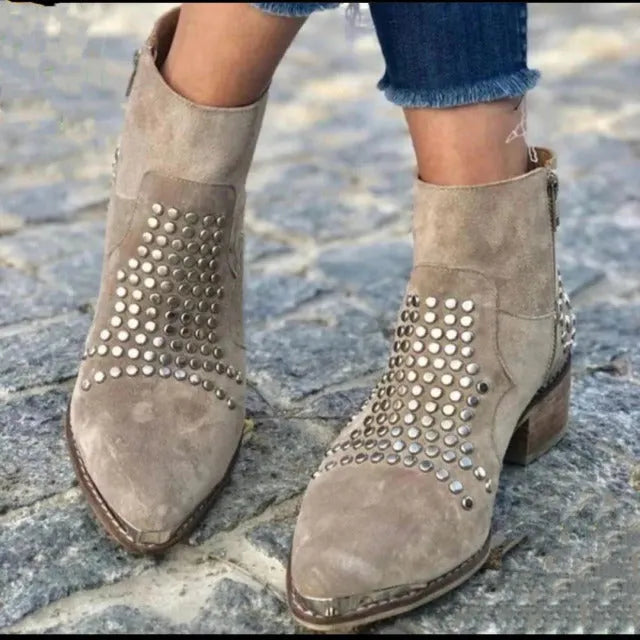 Light grey women's sequined ankle boots with chunky heel, pointed toe, side zipper, and rhinestone accents