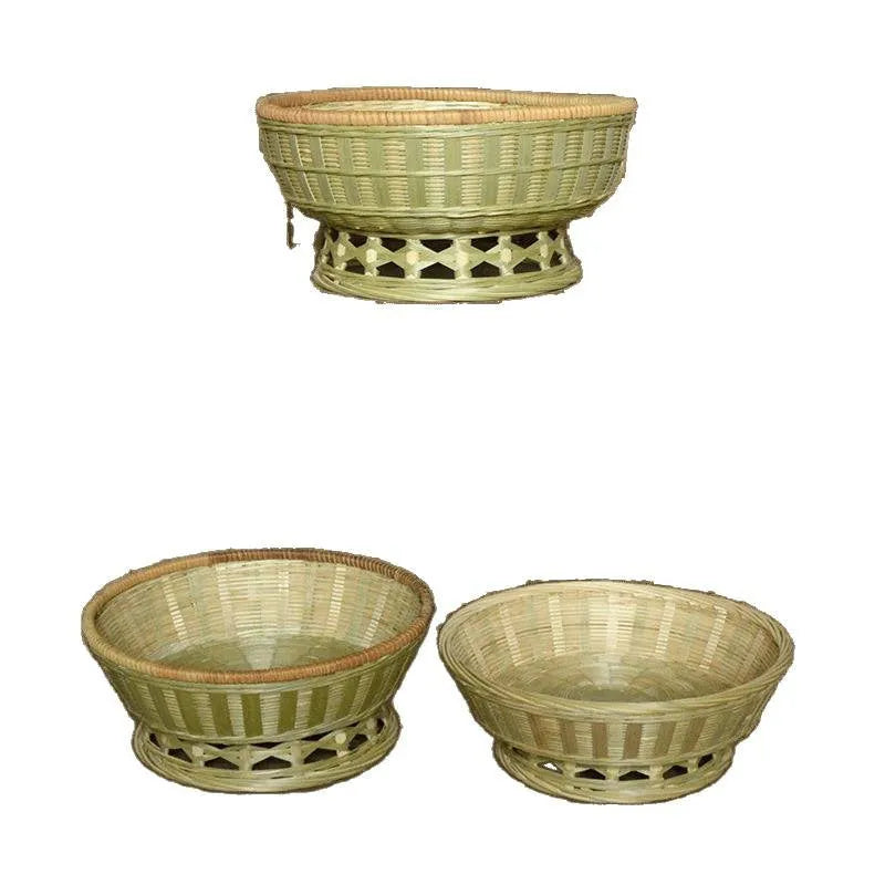 Handmade natural bamboo storage basket shown in three size variants for home organisation.