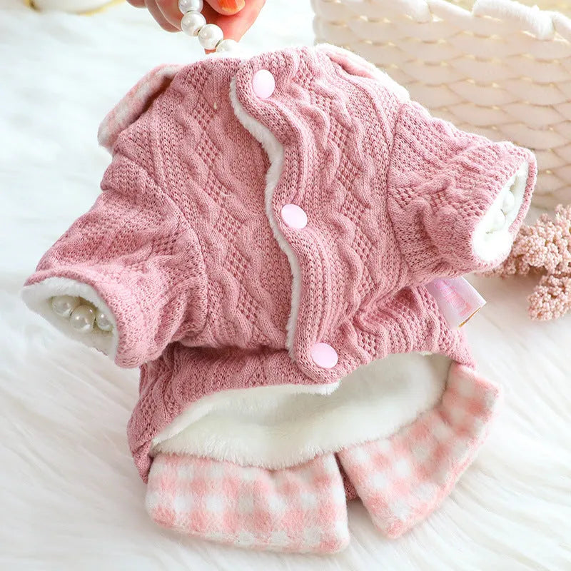 Blue wool plaid dog sweater with fleece lining on a small dog
