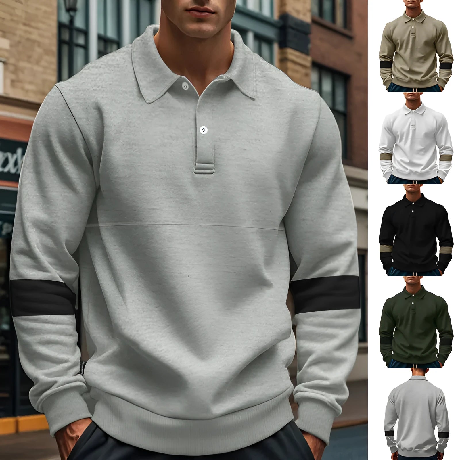 Men's long-sleeved lapel polo shirt with button front in five colour options including khaki and black