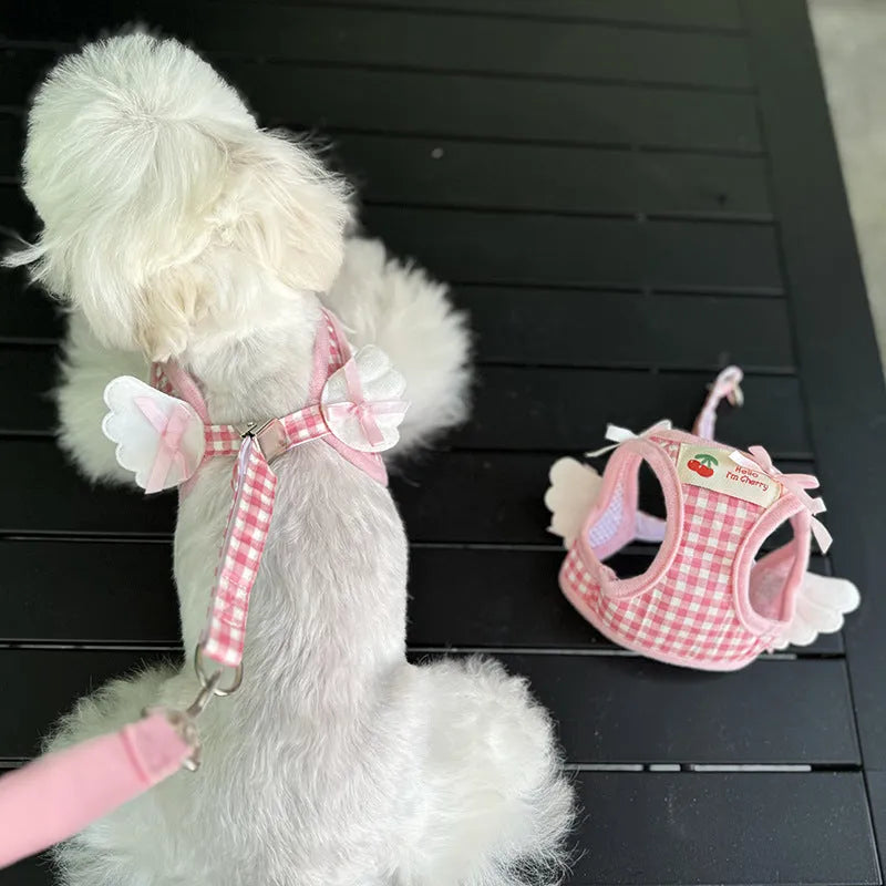 Small dog harness with chest and back handles in cotton material, black or pink colour