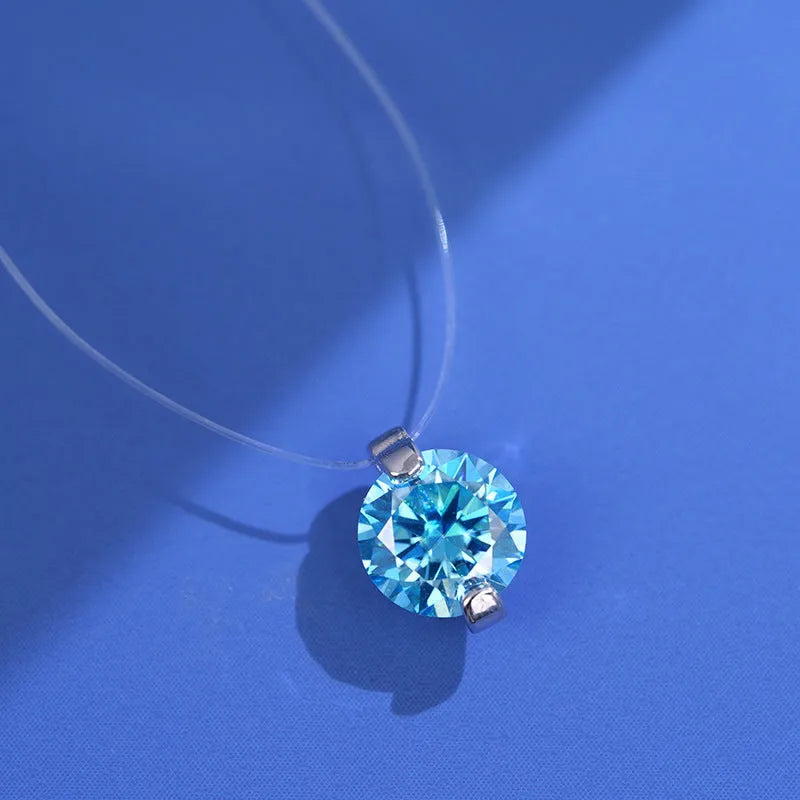 Women's silver moissanite pendant necklace on invisible fishing line with plum blossom design