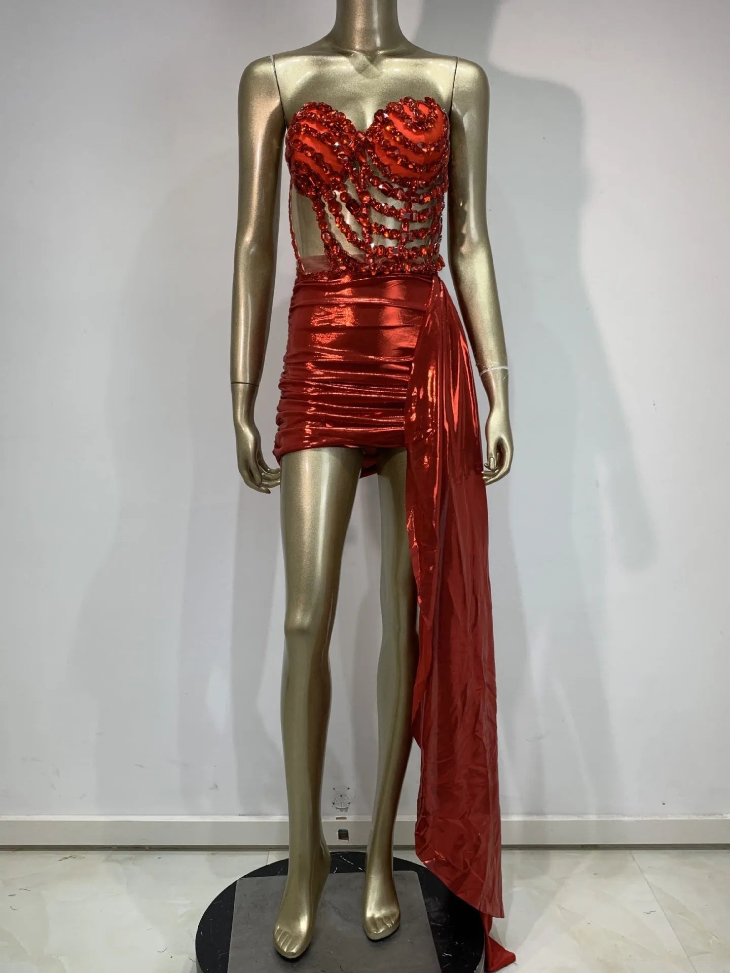 Red spandex stage skirt suit with hollow mesh see-through panels for female performers