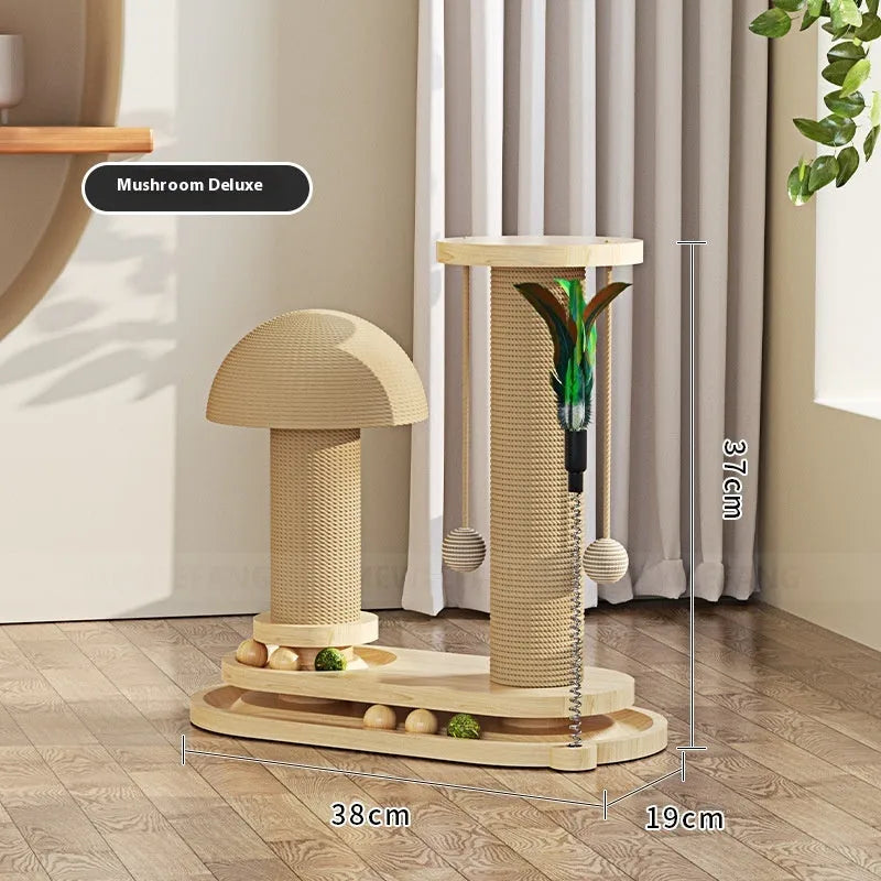 Solid wood cat scratching post with a central rotating turntable, shown in a natural wood finish.