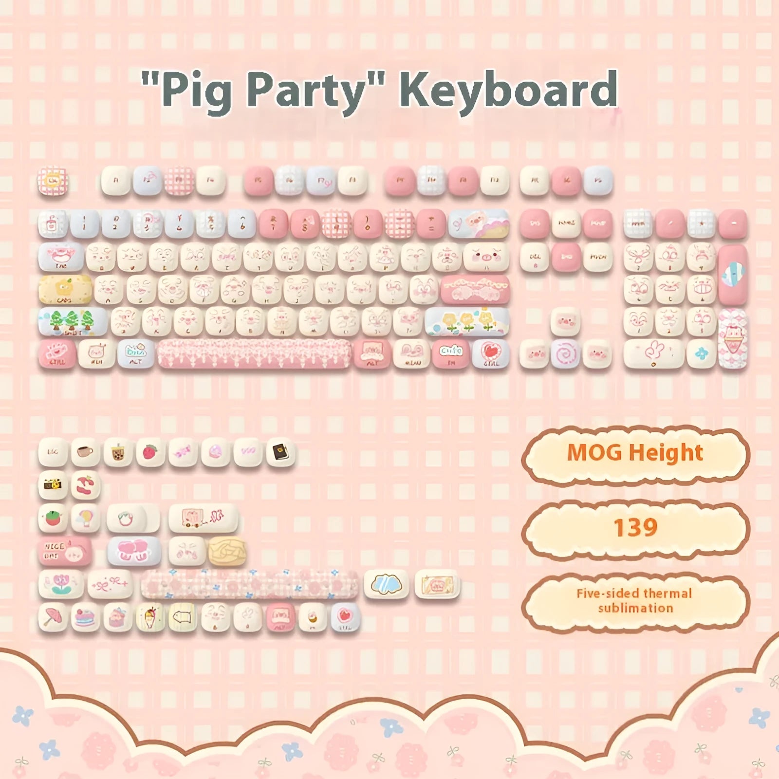 Full set of sublimation printed cartoon pig party theme keycaps for mechanical keyboard