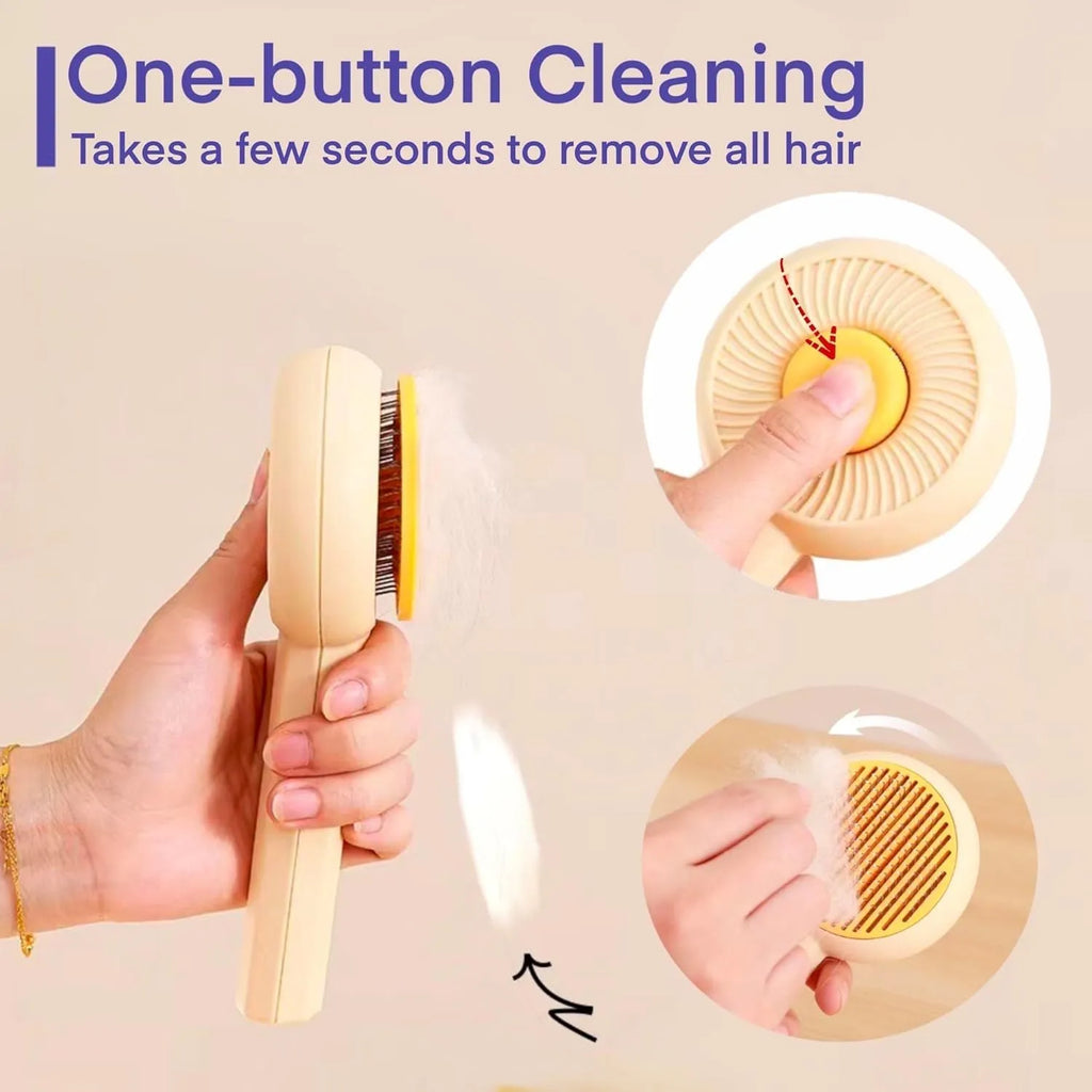 Blue pet grooming brush with self-cleaning button and angled metal pins for cats and dogs