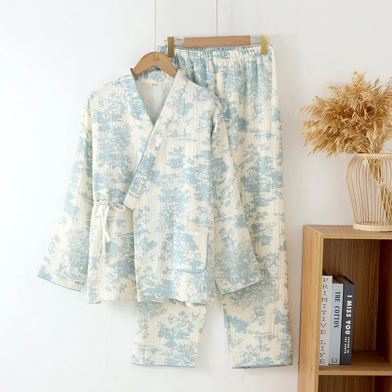 Women's pink pure cotton gauze lounge set with lace-up trousers and long sleeve top.
