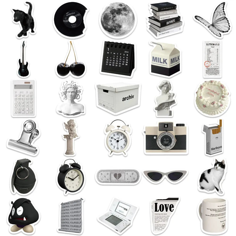 Black and white PVC waterproof stickers with coffee cup designs for laptop and phone decoration