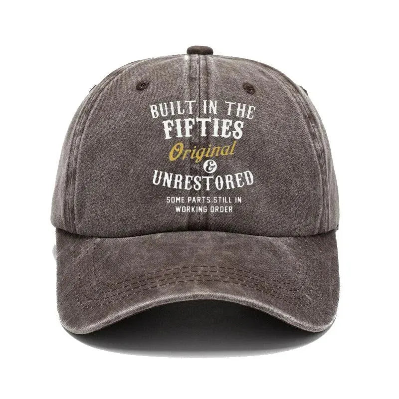 Washed print denim baseball cap with dome crown in retro style, available in multiple colours
