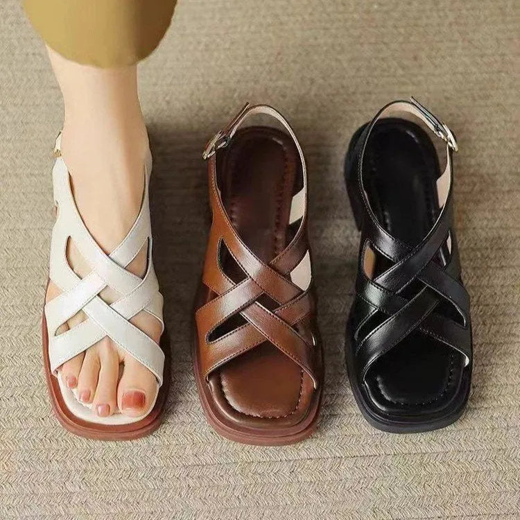 Women's patent leather square toe beach sandals in three colours with cross strap design