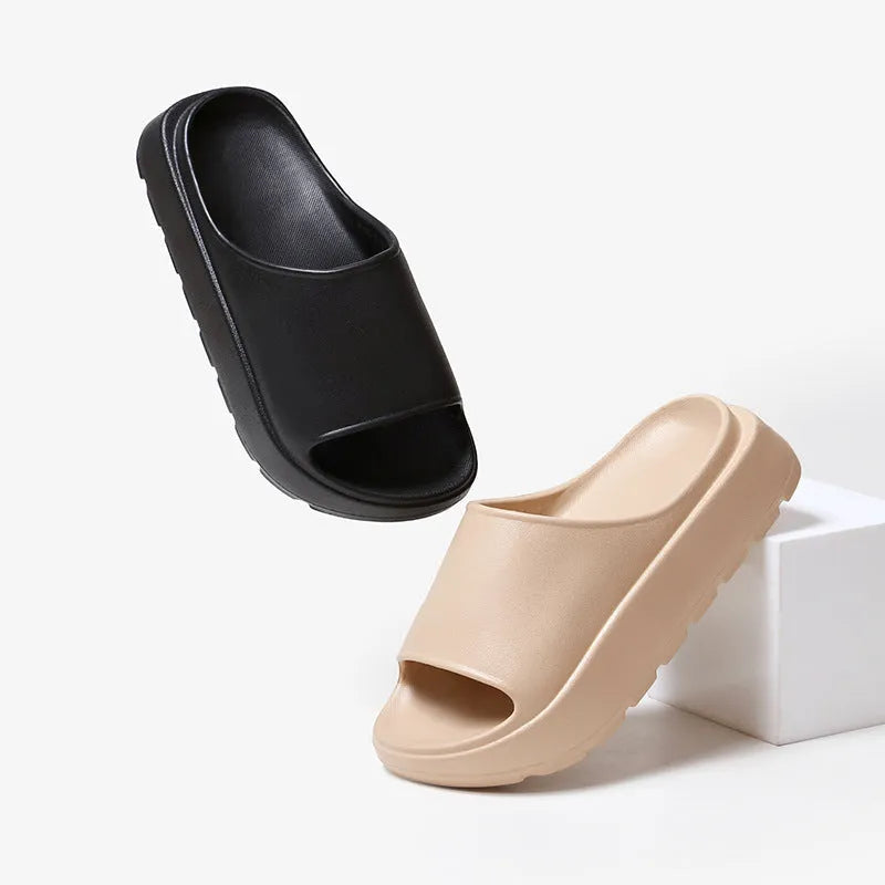 Women's fish mouth slippers with 5.5cm thick EVA sole in beige, black, khaki, or rose red.