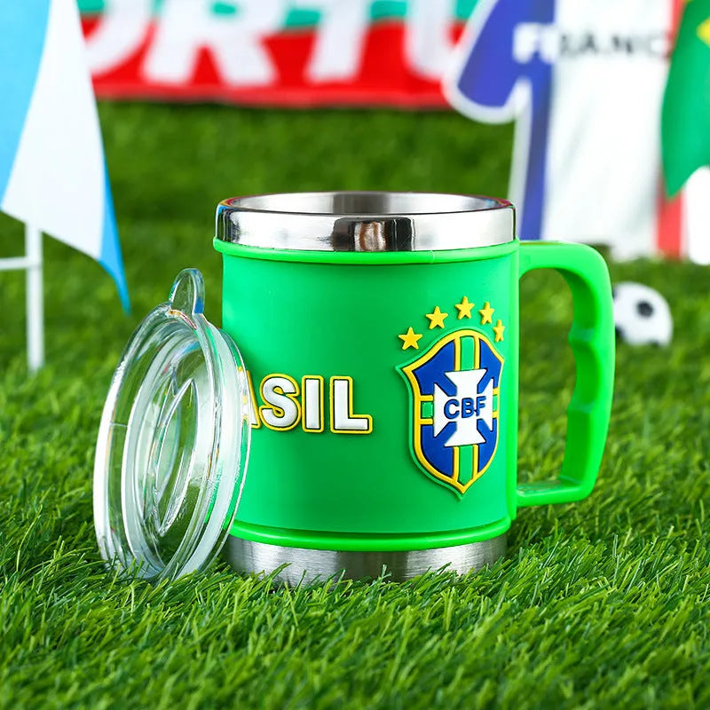 World Cup soccer mug souvenir, rubber and metal, 7.6cm diameter, team colour design