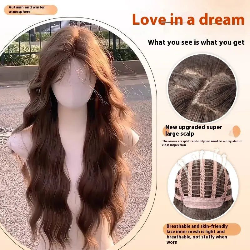 Women's long curly synthetic wig with side bangs in brown colour options
