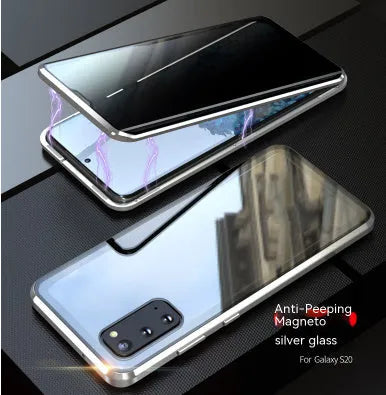 Samsung S23 Ultra anti-peep magnetic phone case with double-sided glass, mirror finish, and metal frame in gold colour